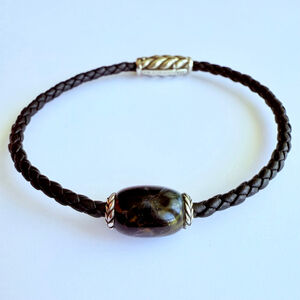 David Yurman Pietersite Ojime Braid Leather Sterling Silver 7” Men’s Bracelet